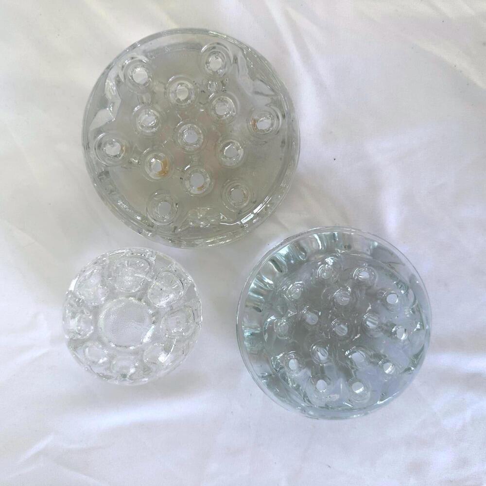Vintage Heavy Glass Floral Arranger Set - 3 Piece Flower Frog Collection